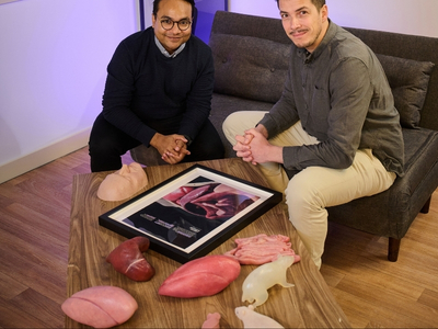 AnthroTek founders displaying synthetic silicone anatomical models for medical education